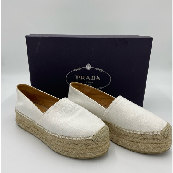 Prada Shoes - Prada Off White Canvas Platform Espadrille Flats Size 36